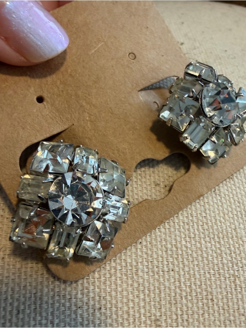 Vintage Crystal Cluster Stud Earrings - Clear Rhinestone Stamp Earrings